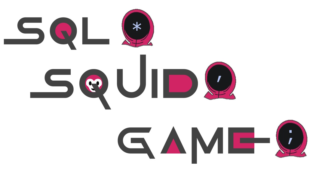 Illustration of 3 squid games workers with punctuation as masks with text 'SQL SQUID GAME'